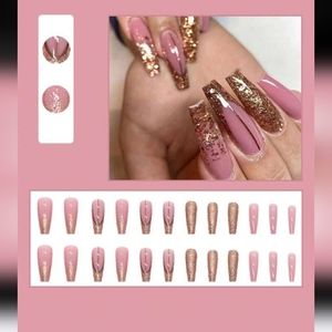 NWT Pink and Gold Glitter Coffin Press-On Nails Long Length